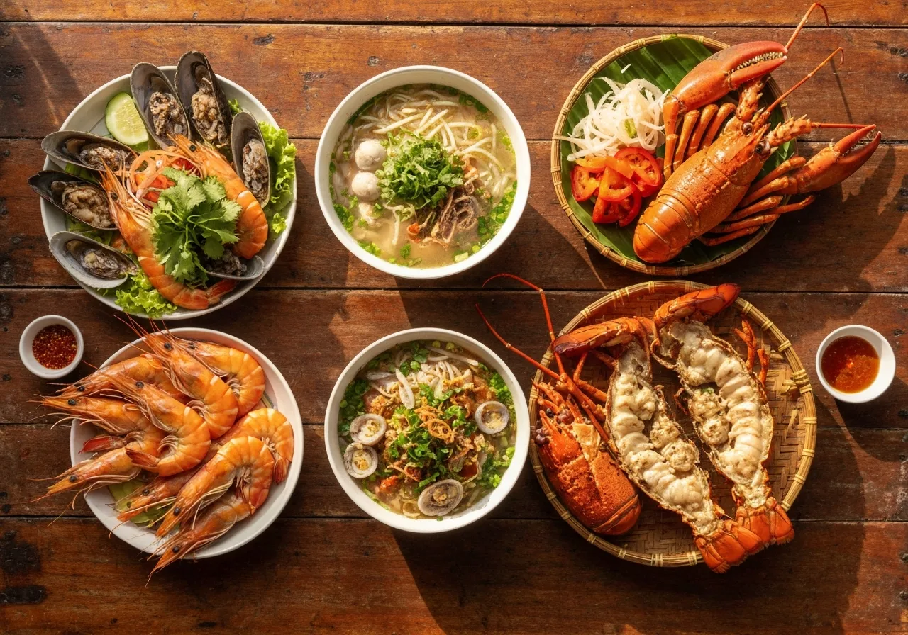 다낭의 신선한 해산물 요리와 전통 쌀국수 상차림